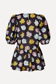 Stine Goya Puff Sleeve Peplum Top Top Morgensol Poppies