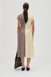 Stine Goya Ruched Waist Midi Dress Dress Brown And Yellow Checks