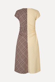 Stine Goya Ruched Waist Midi Dress Dress Brown And Yellow Checks