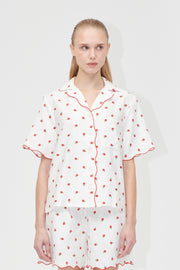 Stine Goya Scalloped Short Sleeve Shirt Top Red Poppy