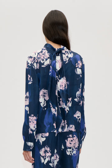 Stine Goya Back Tie Blouse Top Blush Roses On Indigo