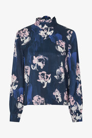 Stine Goya Back Tie Blouse Top Blush Roses On Indigo