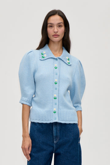 Stine Goya Bobble Knit Polo Cardigan Knit Rose Applique