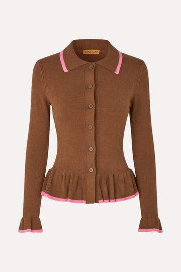 Stine Goya Linear Ruffle Cardigan Knit Partridge Brown