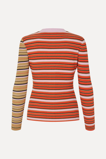 Stine Goya Long Sleeve Fitted Cardigan Knit Cream Stripes / Pink Stripes