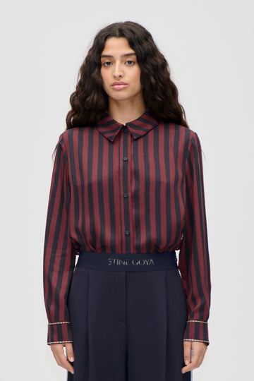 Stine Goya Long Sleeve Shirt Top Navy and Burgundy Wallpaper Stripes