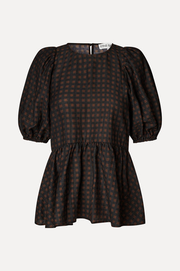 Stine Goya Puff Sleeve Peplum Top Top Morgensol Checks