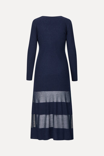 Stine Goya Scoopneck Fitted Long Sleeve Dress Knit Navy