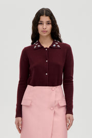 Stine Goya Wide Collar Long Sleeve Cardigan Knit Bordeaux